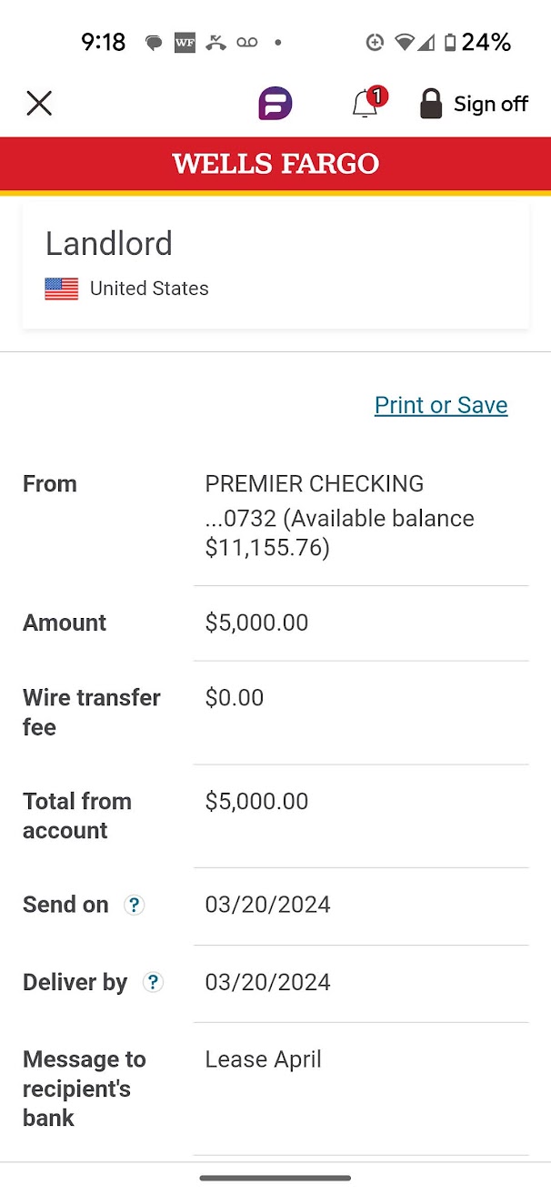 Wire transfer of $5000 to landlord